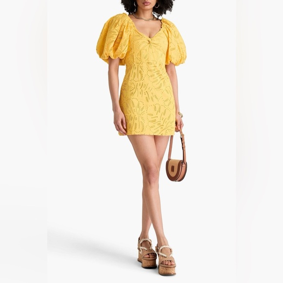 Farm Rio Monstera Yellow Eyelet Puff Sleeve Mini Dress - Picture 1 of 12